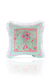 Love Bloom Kalpli Yeşil Renkli Çiçekli Saçaklı Kadife Kırlent Kılıfı - 43x43cm