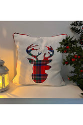 Plaid Applique Embroidery Deer Head Cushion Cover with Ribbon