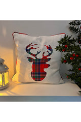 Plaid Applique Embroidery Deer Head Cushion Cover with Ribbon