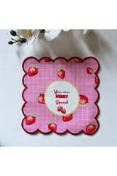 Kırmızı Kenar Çilek Desenli Dijital Baskılı, Kenarı Nakışlı Dekoratif Kokteyl Peçeteleri