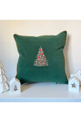 Elegant Christmas Tree Embroidered Green Velvet Cushion Cover