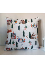 Watercolor Winter Village Landscape Design Cushion Cover