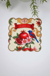 La Dolce Vita Pomegranate and Bird Patterned Colorful Embroidered Edge Cocktail Napkin 1 Piece