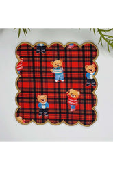 Kırmızı Ekose Zemin Teddy Ayıcıklı Dijital Baskılı Kenarı Nakışlı Kokteyl Peçetesi