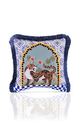 Otantik Bengal Kaplanı Tasarımlı Saçaklı Kadife Kırlent Kılıfı - 43x43cm