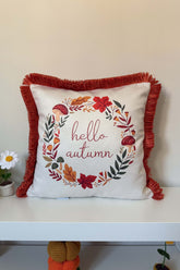Hello Autumn Saçaklı Sonbahar Kırlent Kılıfı 3D Punch Nakış Efekt Dijital Baskılı 43x43cm