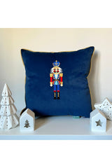 Elegant Tin Soldier Embroidered Navy Blue Velvet Cushion Cover