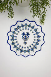 Blue Tile Tulip Patterned Embroidered Edge Fabric Cocktail Napkin 1 Piece