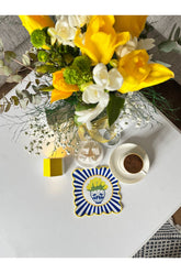 Decorative Edge Blue Vase and Yellow Tulips Patterned Embroidered Edge Fabric Cocktail Napkin 1 Piece