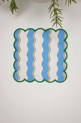 Dalga Desenli Mavi Beyaz Yeşil Nakış Kenar Kokteyl Peçetesi 1 Adet