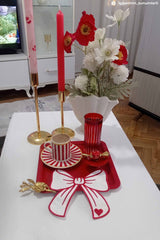 Ribbon Shaped Heart Patterned Embroidered Cocktail Napkin 1 Piece