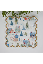 Watercolor Houses, Trees and Winter Scene Design Embroidered Edge Fabric Cocktail Napkin 1 Piece