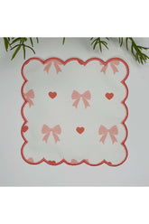 Şeftali Pembe Fiyonk ve Kalp Desenli Nakış Kenar Kokteyl Peçetesi 1 Adet