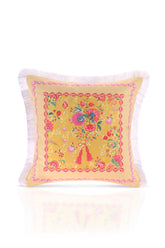 Love Bloom Kalpli Sarı Renkli Çiçekli Saçaklı Kadife Kırlent Kılıfı - 43x43cm
