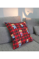 Ekose Zemin Ayıcık Desenli Dijital Baskılı Kırlent Kılıfı