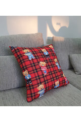 Ekose Zemin Ayıcık Desenli Dijital Baskılı Kırlent Kılıfı