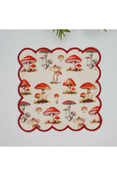 Digitally Printed Embroidered Cocktail Napkin with Watercolor Autumn Mushroom Pattern