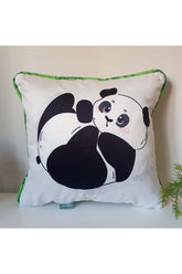 Playful and Shy Panda Patterned Bamboo Corduroy Cushion Cover