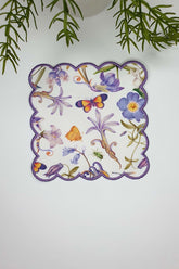 Lilac Flowers and Butterflies Designed Lilac Embroidery Edge Fabric Cocktail Napkin 1 Piece