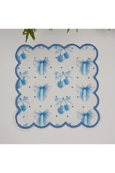 Mavi Kurdele ve Vişne Desenli Nakış Kenar Kumaş Kokteyl Peçetesi 1 Adet