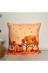 Autumn Landscape Orange Tone House Patterned Cushion Cover