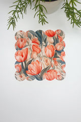 Orange Tulip Patterned Laser Cut Fabric Cocktail Napkin 1 Piece