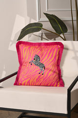 Fuchsia Orange Zebra Design Fringed Velvet Cushion Cover