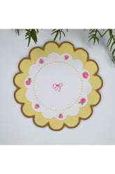 Flower Shaped Yellow Decorative Floral Printed Embroidered Edge Fabric Cocktail Napkin 1 Piece