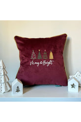 Merry & Bright Embroidered Burgundy Velvet Cushion Cover