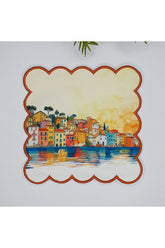 Sulu Boya Sahil Kasabası Desenli Dijital Baskılı Nakışlı Kokteyl Peçetesi