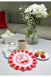 Pink Red Decorative Heart Cherry Design Embroidered Edge Cocktail Napkin 1 Piece