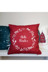 Hello Winter Slogan Patterned Burgundy Cushion Cover