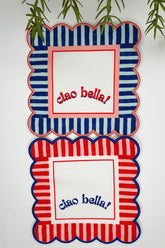 Ciao Bella Line Design Red Blue Embroidered Edge Cocktail Napkin 2 Pieces