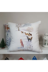 White Cushion Cover with Watercolor Deer and Snow Pattern