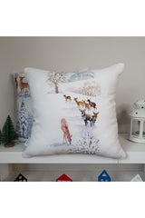 White Cushion Cover with Watercolor Deer and Snow Pattern