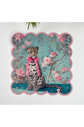 Evcil Leopar Yavrusu Çiçekli Ev Tasarımlı Nakış Kenar Kumaş Kokteyl Peçetesi 1 Adet