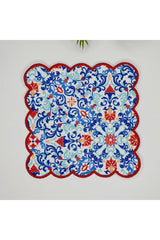 Blue Tile Pattern Digital Printed Red Embroidered Cocktail Napkin