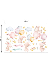 Girl's Room Cute Bunnies, Balloons and Stars Themed Sticker Set 32 Pieces