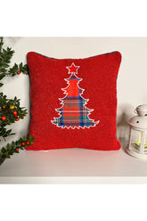 Plaid Applique Embroidery Pine Tree Luxury Boucle Fabric Red Christmas Cushion Cover