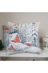 Watercolor Mountain Houses Under the Snow Christmas Themed Cushion Cover