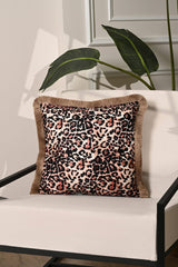 Leopard Pattern Printed Velvet Cushion Cover with Fringe Detail