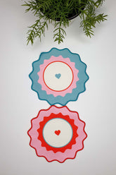 2-Pack Blue Pink Heart Printed Embroidered Edge Fabric Cocktail Napkins