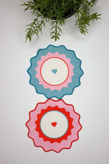 2-Pack Blue Pink Heart Printed Embroidered Edge Fabric Cocktail Napkins