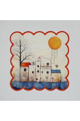 Minimalist Şirin Deniz Evleri Manzara Desenli Kenarı Nakışlı Kokteyl Peçetesi