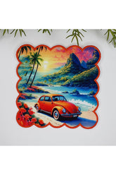 Turuncu Vintage Araba ve Sahil Tasarımlı Nakış Kenar Kokteyl Peçetesi 1 Adet
