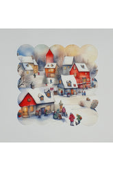 El Çizimi Yılbaşı Köyü Dijital Baskılı Kumaş Kokteyl Peçetesi Lazer Kesimli