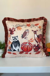 Sonbahar Orman Hayvanları Tasarımlı Saçaklı Kırlent Kılıfı 3D Punch Nakış Efekt Dijital Baskılı