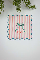 Bonjour Pink Striped Bow Patterned Embroidered Edge Cocktail Napkin 1 Piece