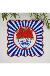 Decorative Edge Blue Vase and Red Rose Design Embroidered Edge Fabric Cocktail Napkin 1 Piece