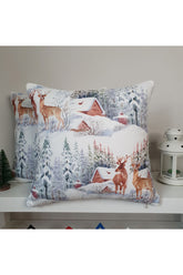 Digitally Printed Cushion Cover with Watercolor Snow View Houses and Deers Pattern